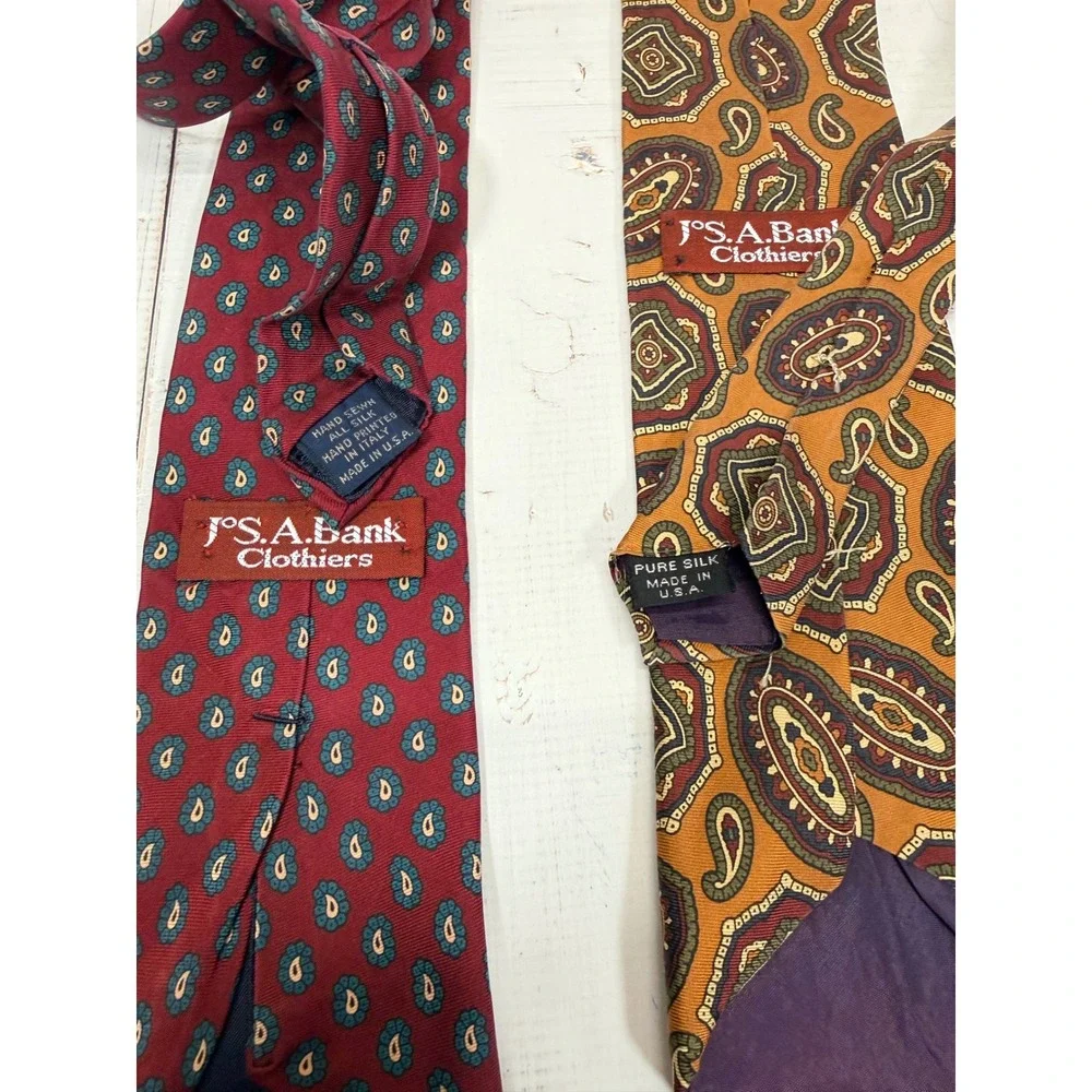 Jos A Bank Silk Tie Lot 2 Burgundy Medallion Mustard Paisley Italian Silk Tie